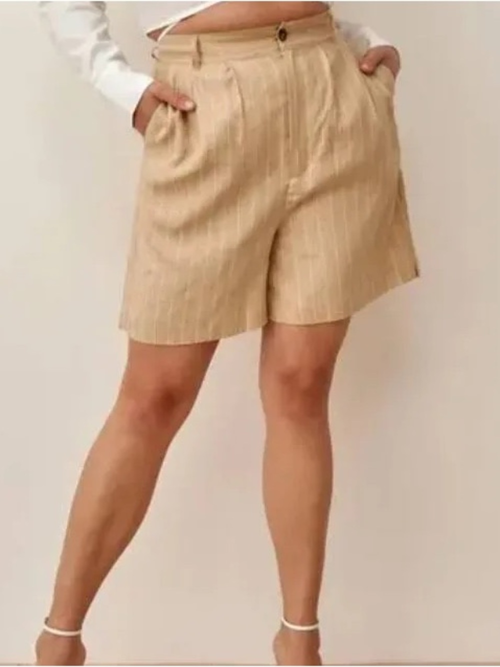 Reformation Bello High-Waist Beige Pinstripe Shorts